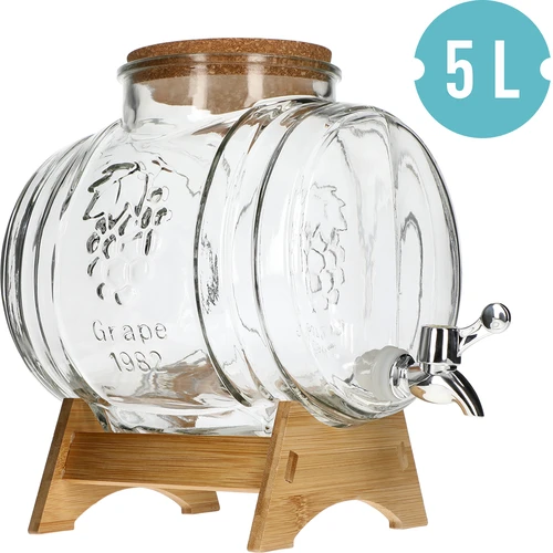 Βαρελάκι 5 L, γυάλινο, με φαρδύ στόμιο πλήρωσης, πώμα από φελλό, βάση και βρυσάκι - 2