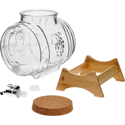 Βαρελάκι 5 L, γυάλινο, με φαρδύ στόμιο πλήρωσης, πώμα από φελλό, βάση και βρυσάκι - 3