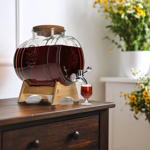 Βαρελάκι 5 L, γυάλινο, με φαρδύ στόμιο πλήρωσης, πώμα από φελλό, βάση και βρυσάκι - 6