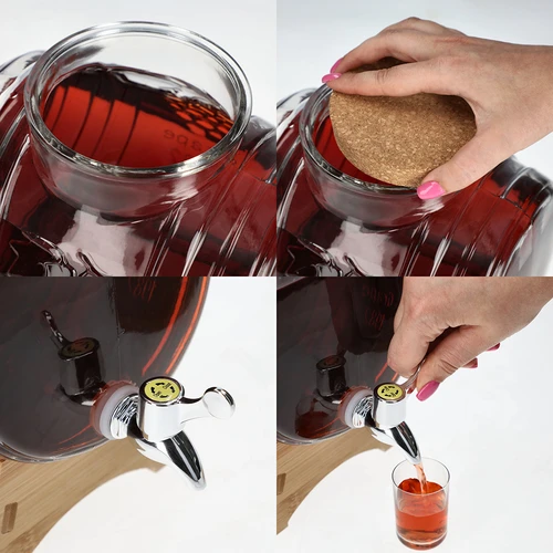 Βαρελάκι 5 L, γυάλινο, με φαρδύ στόμιο πλήρωσης, πώμα από φελλό, βάση και βρυσάκι - 5