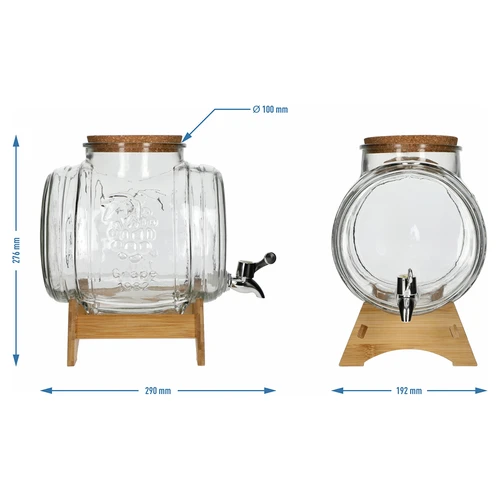 Βαρελάκι 5 L, γυάλινο, με φαρδύ στόμιο πλήρωσης, πώμα από φελλό, βάση και βρυσάκι - 7