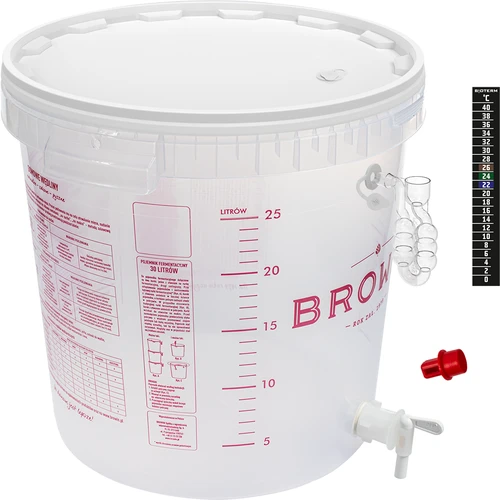 Δοχείο ζύμωσης μπύρας με υδατόκλειστρο, βρυσάκι, θερμόμετρο και μειωτή ιζήματος