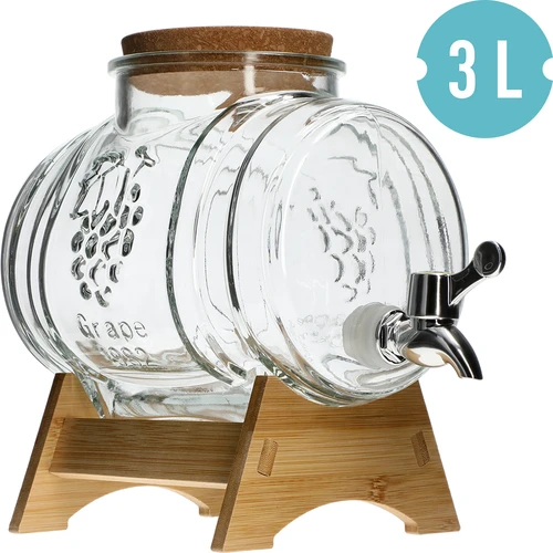 Γυάλινο βαρελάκι 3 L, με φαρδύ στόμιο πλήρωσης, φελλό, βάση και βρυσάκι - 2